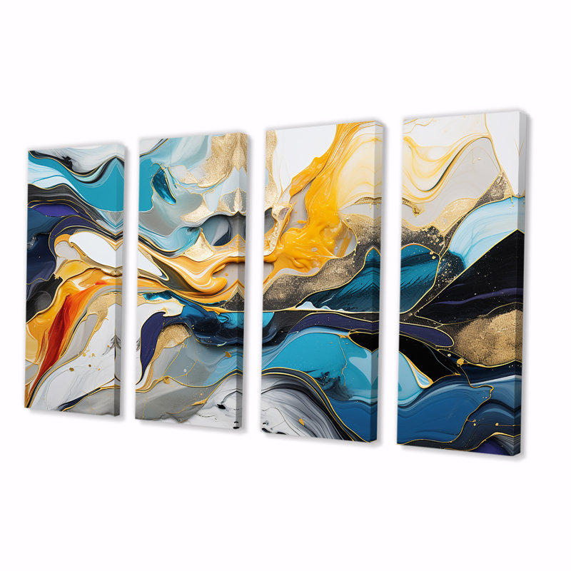 «Blue and Yellow», encre liquide abstraite Harmony IV - abstrait, encre liquide 4 pièces, H 28 po x l 48 po