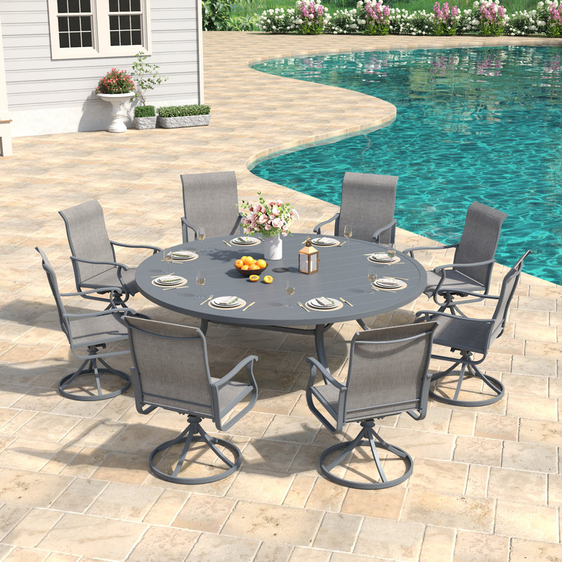 Orlando 8-Person Patio Dining Set with 63" Round Dining Table and 8 Swivel PVC-coated polyester Chairs, Gray/Gray