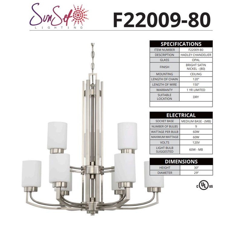 Lustre 9 lumières F22009-80 nickel satiné