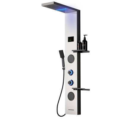 51.1 Inch 4‑Function Matte Nickel Shower Panel Tower, Wall‑Mount Stainless Steel Shower System with Rainfall Shower Head, Handheld Wand, Body Jets, LED Display & Storage Shelves