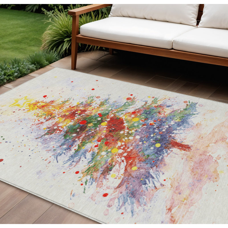 Tapis lavable intérieur/extérieur 3 m x 4,2 m, motif sapin de Noël ivoire, vert, violet, jaune et rose.
