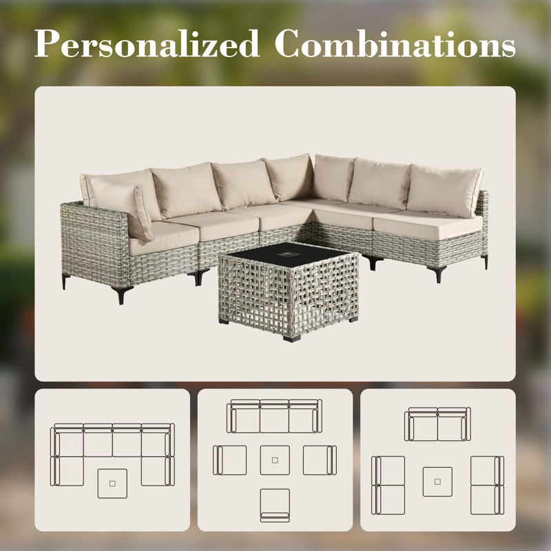 Ensemble de conversation modulaire en osier avec coussins 11 pièces Emroy, Oui, Beige