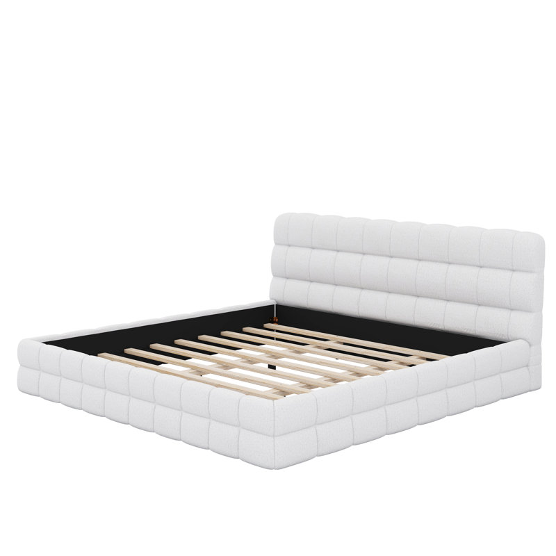 Très grand lit avec tête de lit, structure de lit plateforme recouverte de tissu avec support en lattes de bois, Blanc