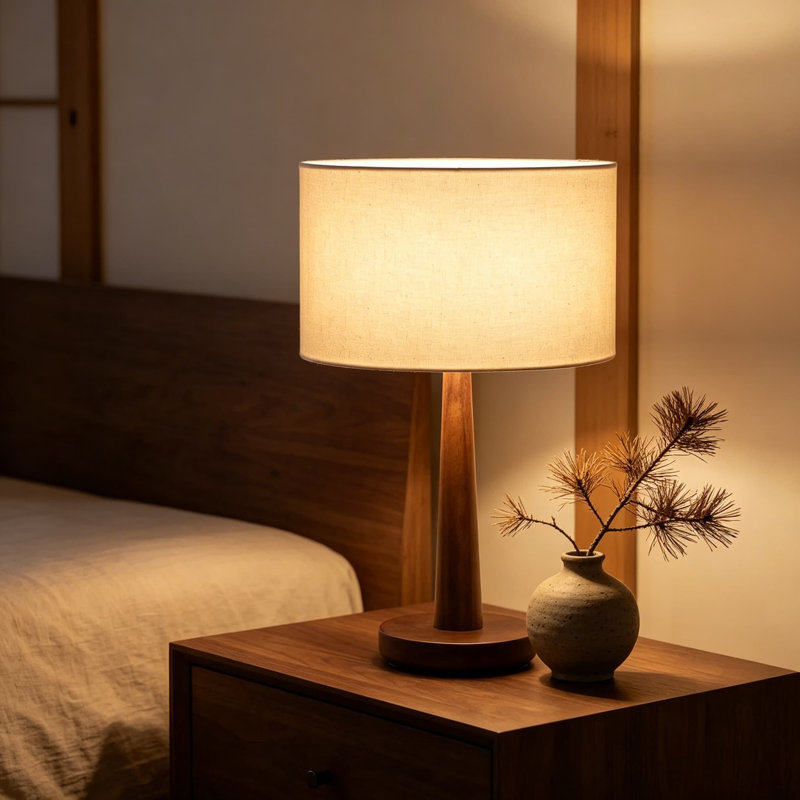 Lampe de table à intensité variable avec base en bois de noyer naturel et abat-jour en lin beige, lampe de table de chevet de 18,3 pouces pour le salon, la chambre à coucher et le bureau