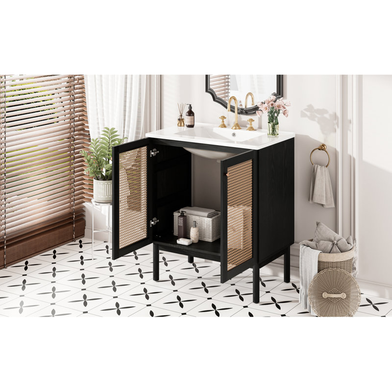 Meuble-lavabo compact en bambou noir de style compact pour les petites salles de bain