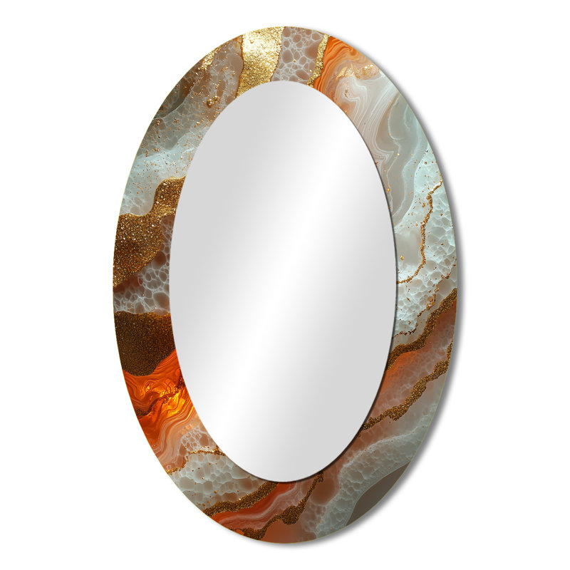 Abstrait géométrique en forme de marbre doré et bleu I - miroir ovale doré, 36 po x 24 po