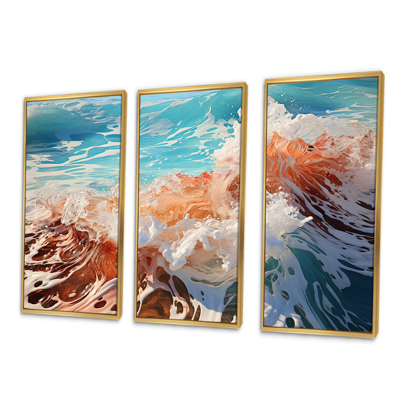 «Beach Waves Fusion» - ensemble d'art mural plage, Cadre flottant doré, H 28 po x l 36 po x P 1 po