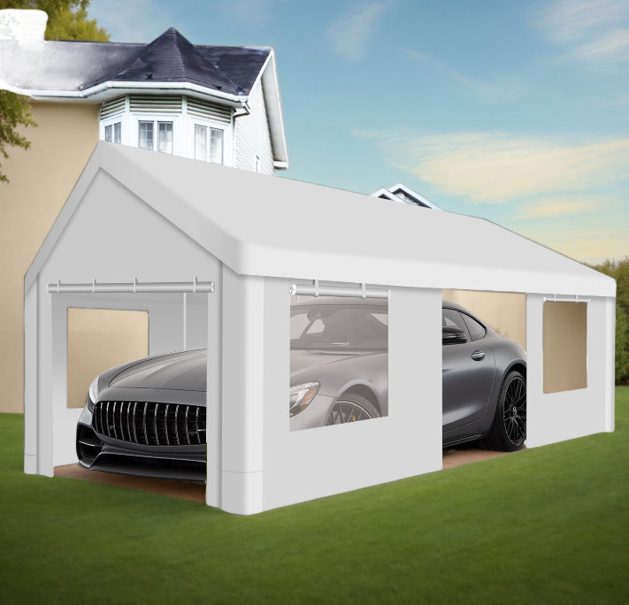 Auvent pour voiture 12 x 20 pi avec fenêtres de ventilation enroulables, Blanc / Blanc
