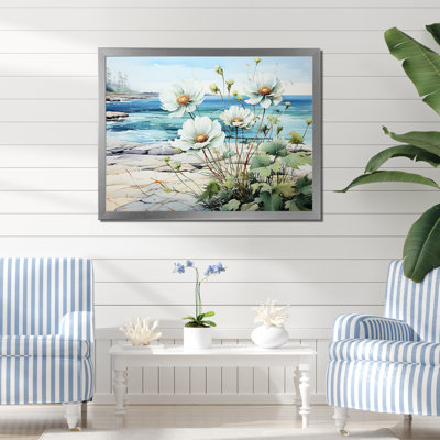 Fleur dans une vue océanique calme sur la plage I - art mural minimaliste côtier