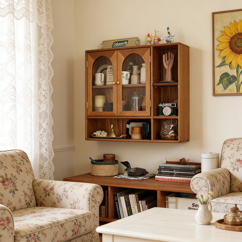 Armoire murale en bois de teck brun de 25,59 po de style rétro avec compartiments de rangement ouverts convenant à la salle à manger, au salon et à la chambre à coucher