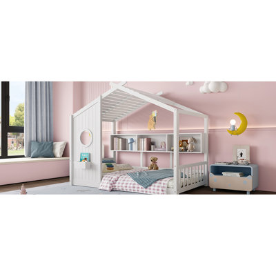 Lit simple pour maison avec plancher, maisonnette, livres de rangement et lit à structure stable, espace de couchage semi-fermé, tablette, support fiable