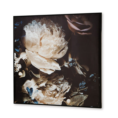 Art mural floral Cruz, toile encadrée 40 x 40, beige, brun et bleu