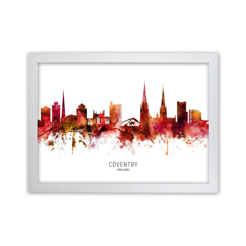 Coventry England Skyline Red City Name by Michael Tompsett - Print, 25cm H x 34cm W x 3cm D, White Framed