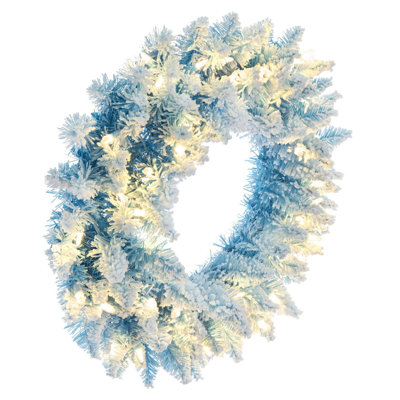  Couronne de sapin artificielle bleue 24 po avec 50 petites lumières Dura-Lit® blanc chaud, 105 pointes réalistes en PVC bleu clair