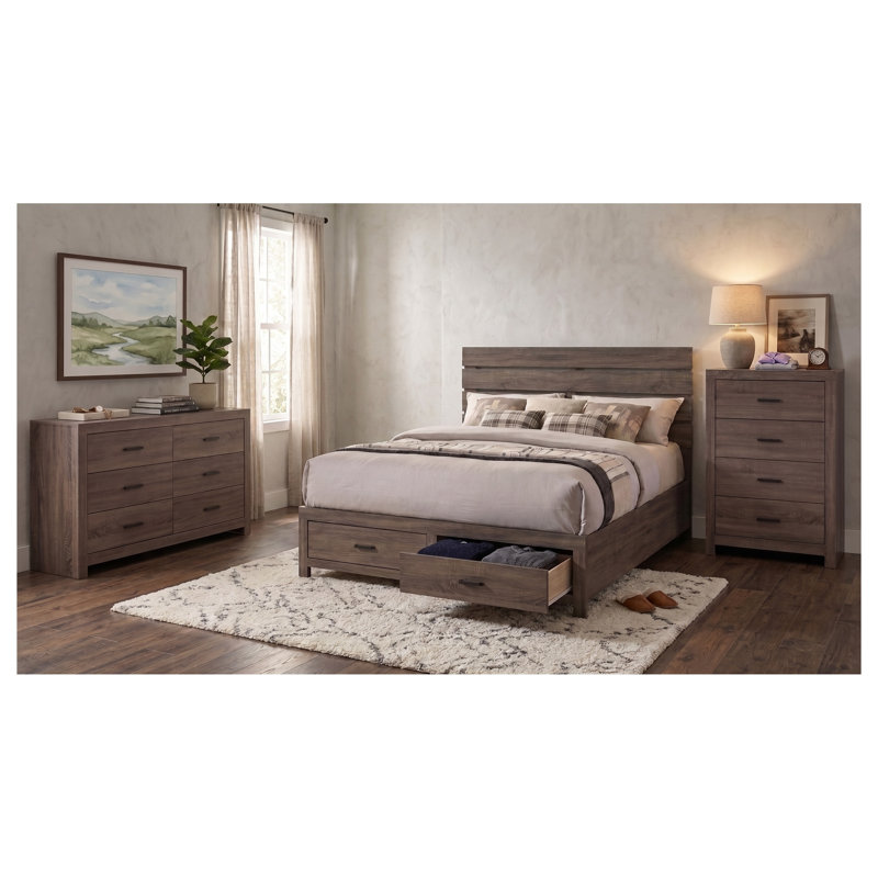 Ensemble de chambre à coucher 3 pièces Kingsley Barrel Oak Eastern King avec lit plateforme de rangement, commode et miroir