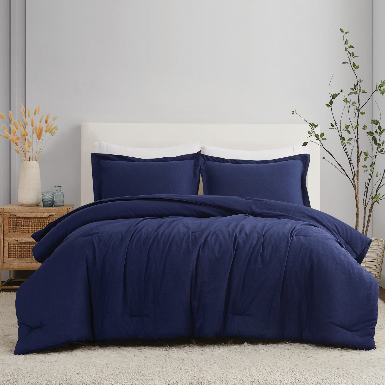 Nena Linen Comforter Set, Navy, Queen Comforter + 2 Standard Shams