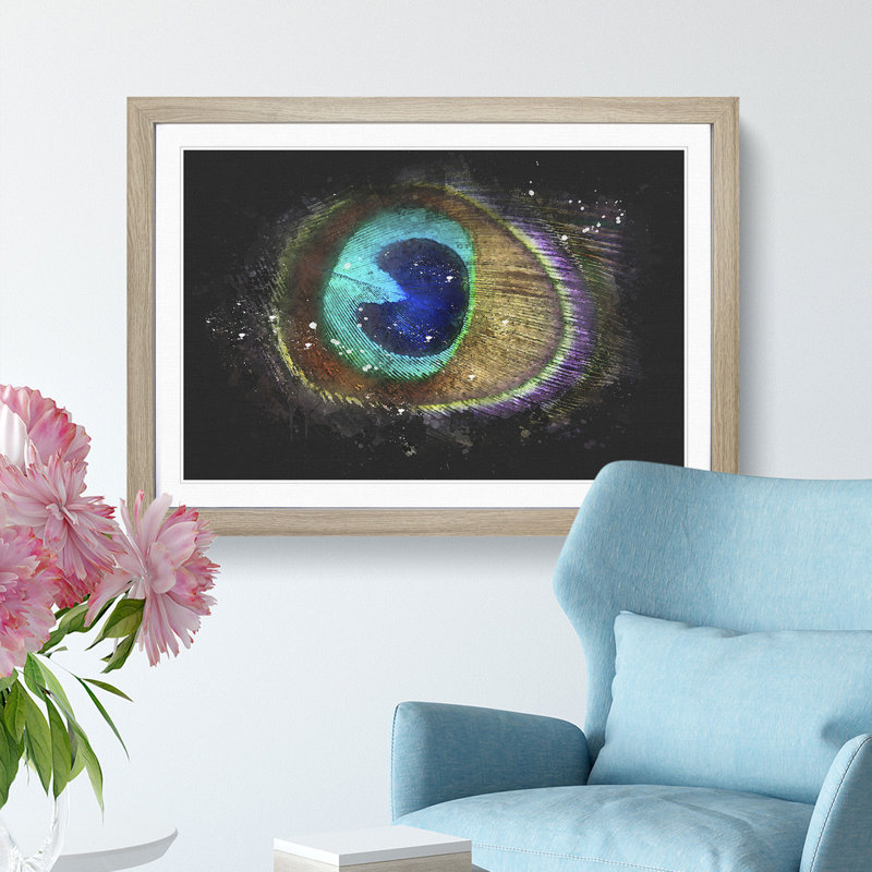 Delicate Peacock Feather Paint Splash - Framed Print, Oak Framed, 33cm H x 45cm W x 2cm D