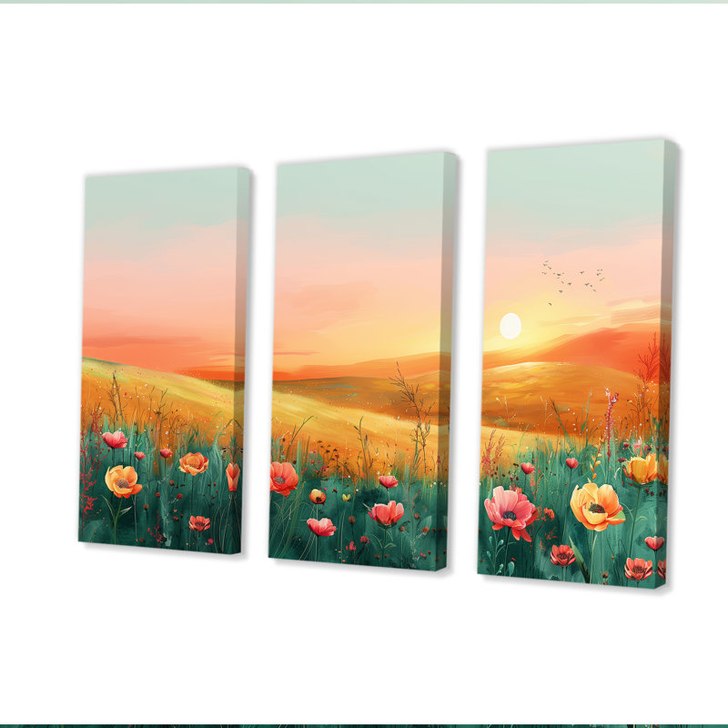 Flower Meadows At Sunset I - Ensemble de décorations murales fleurs, Toile tendue, H 32 po x l 48 po x P 1 po