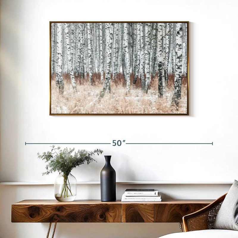 Hiver, forêt de bouleaux, Cadre flottant doré, 37 po x 25 po