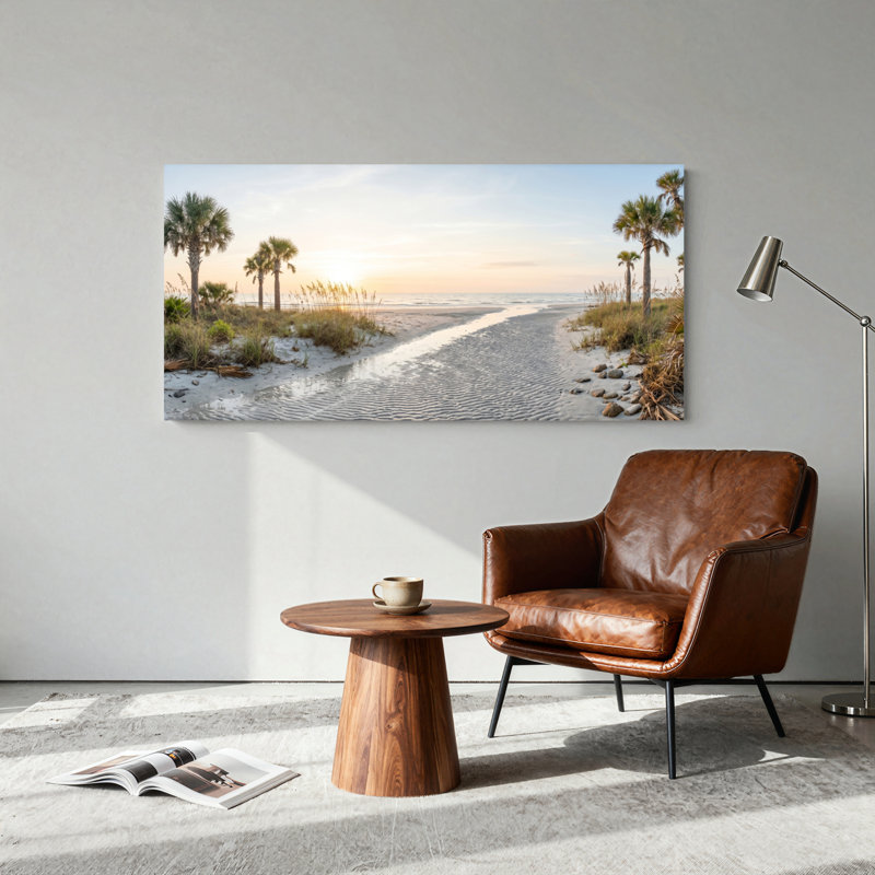 Ensemble de 1 tableau sur toile représentant un coucher de soleil sur la plage, 32“W x 16”H, Toile tendue