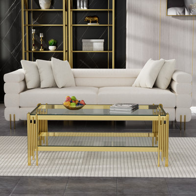 47" Glass Coffee Table, Luxury Centre Table with Stainless Steel Frame and Tempered Glass Top, Rectangular 2-Tier Coffee Table with Storage Shelves for Living Room