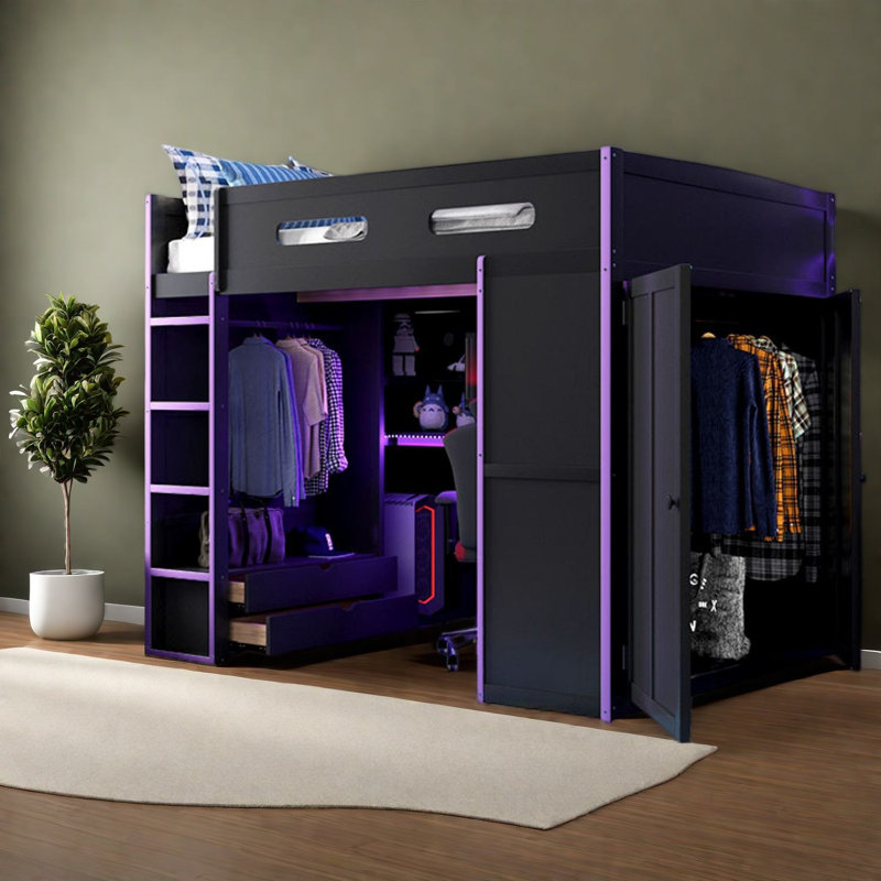 Lits pleine grandeur en bois mauve avec bureau et garde-robe de rangement, loft moderne RVB