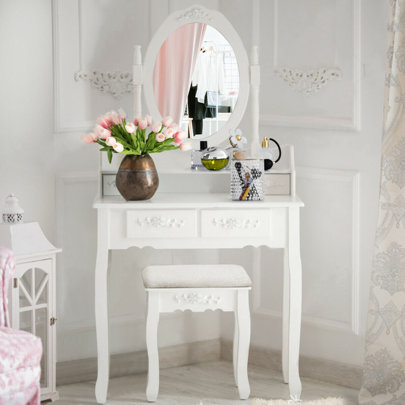 Ensemble coiffeuse avec tabouret et miroir Geoffrey, Blanc