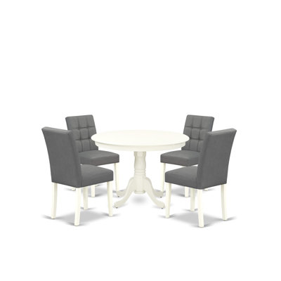 5 Piece Kitchen Table Set contain A Wooden Table and 4 Platinum Gray Polyester Fabric Dining Chairs with Stylish Back- Linen White Finish