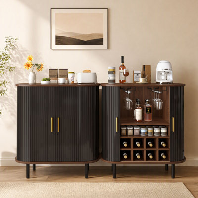 28.4"W Fluted Bar Cabinet with Sliding Tambour Doors, 8-Grid Wine Rack, 5-Level Adjustable Shelves, 2 Glass Holders, Large Storage Space