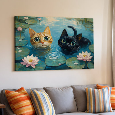 «Whimsical Cats In Water With Lilies», reproduction d'art sur toile pour salon, chambre à coucher, bureau, couloir, vestibule, galerie murale et décoration intérieure moderne