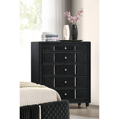 Contemporary 1pc Tall Chest Black Velvet Upholstery Textured Look Luxurious Feel Velvet Drawer Fronts Crystal-style Knobs