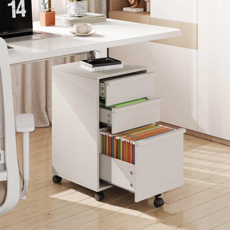 3 Drawer Rolling File Cabinet, Under Desk Wood Storage Cabinet with Printer Stand, 2 Lockable Casters, for Home Office, White