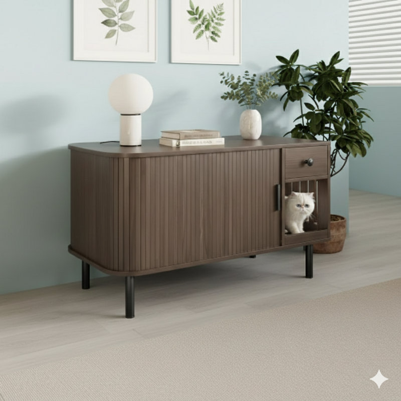 Enceinte brune de 37,4 pouces pour dissimuler un bac à litière pour chat, avec une porte coulissante. Ce meuble fonctionnel comprend un tiroir de rangement et une station de charge, pouvant servir de meuble télé ou de table de bout.