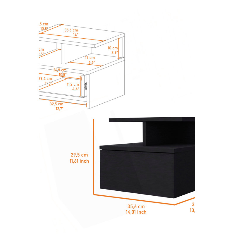 Augusta Floating Nightstand With 2-Tier Shelf And 1-Drawer