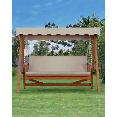 Balancelle de patio en bois avec auvent réglable, banc de balançoire de patio en bois 3 places avec coussin amovible
