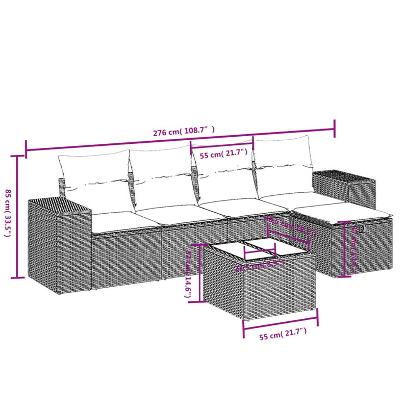 Ensemble de canapé de patio 6 pièces avec coussins en rotin de polyester, Bleu clair, Noir