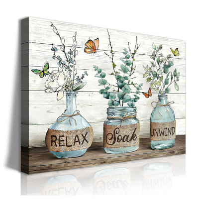 Farmhouse Bathroom Wall Art Rustic Green Botanical Bathroom Canvas Wall Decor Relax Soak Unwind Painting Print Eucalyptus Butterfly Picture Artwork Decor(16X24in)