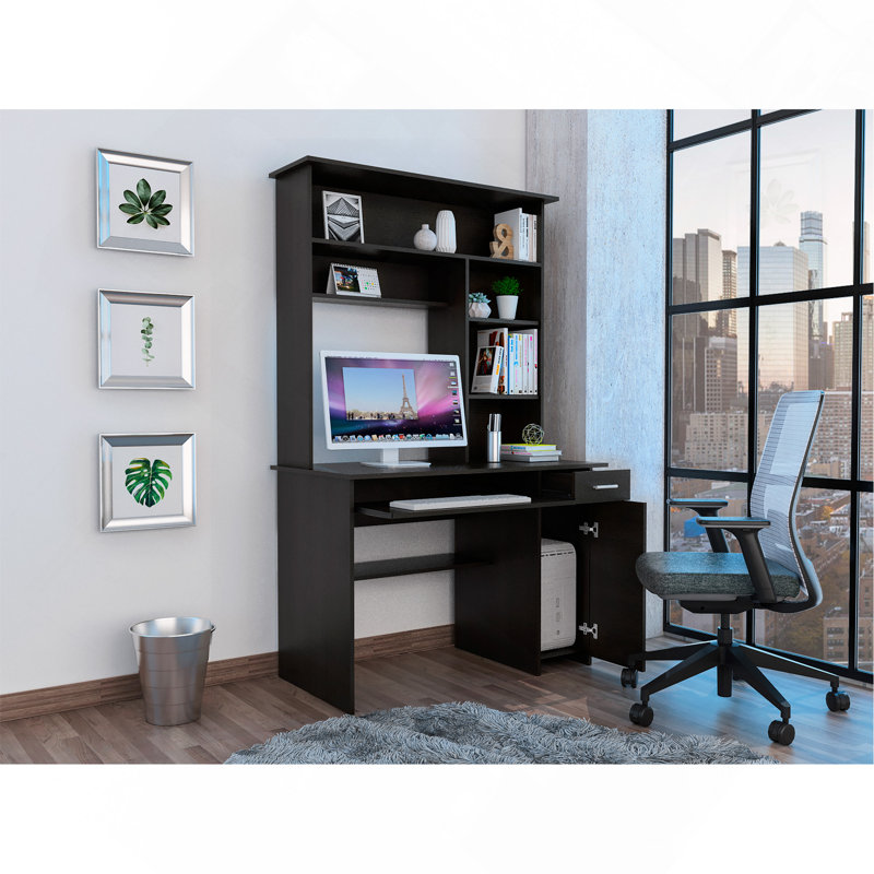 Hutch Desk, Multiple Shelves, Keyboard Tray, CPU Anel, One Drawer -Black, Black