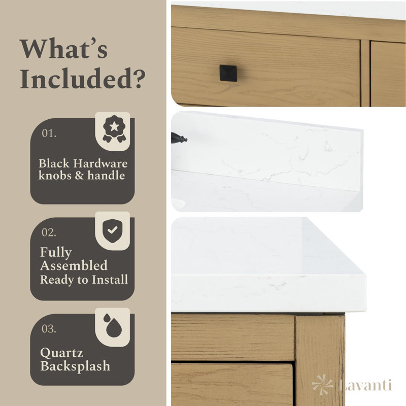  Oakford 48 Inch Bathroom Vanity with Sink, Firwood Oak – 100% Premium Solid Wood Vanity Cabinet – 1.5" Thick Quartz Countertop – Water-Resistant Finish – Fully Assembled