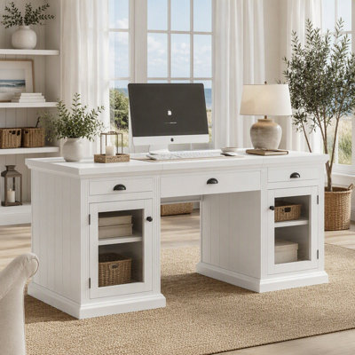 Executive Desk with 2 Glass-Door Storage Cabinets, 3 Drawers, USB Ports, and Outlets