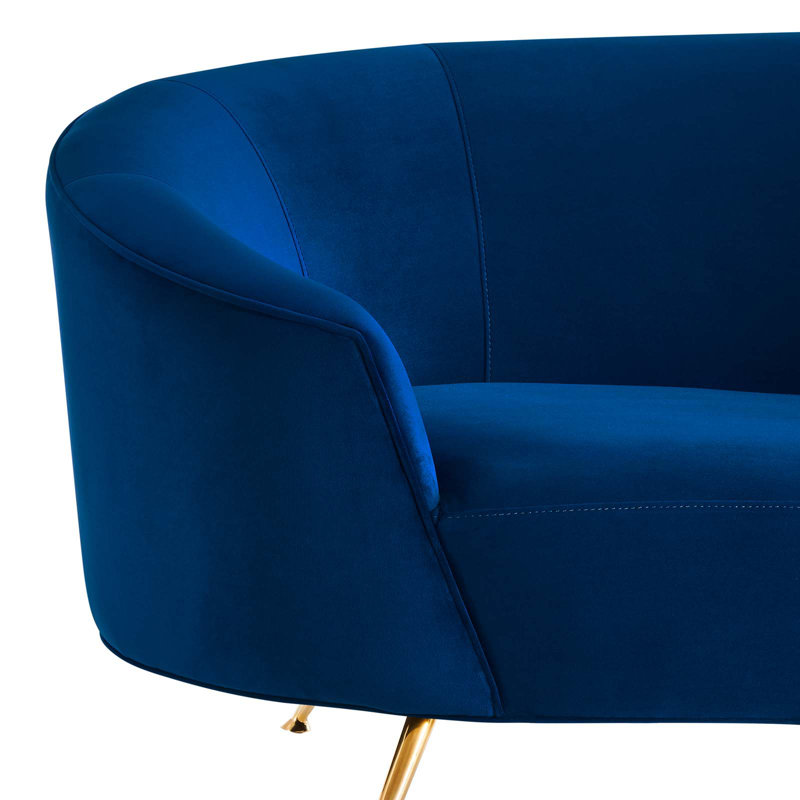 Navy Velvet Curved Sofa with Gold Legs and Sloped Arms