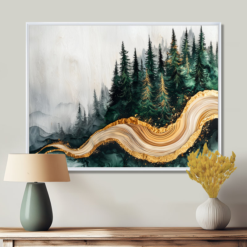 Forêt forêt de cristal émeraude I - forêt, art mural, H 30 po x l 40 po, Cadre flottant, Blanc