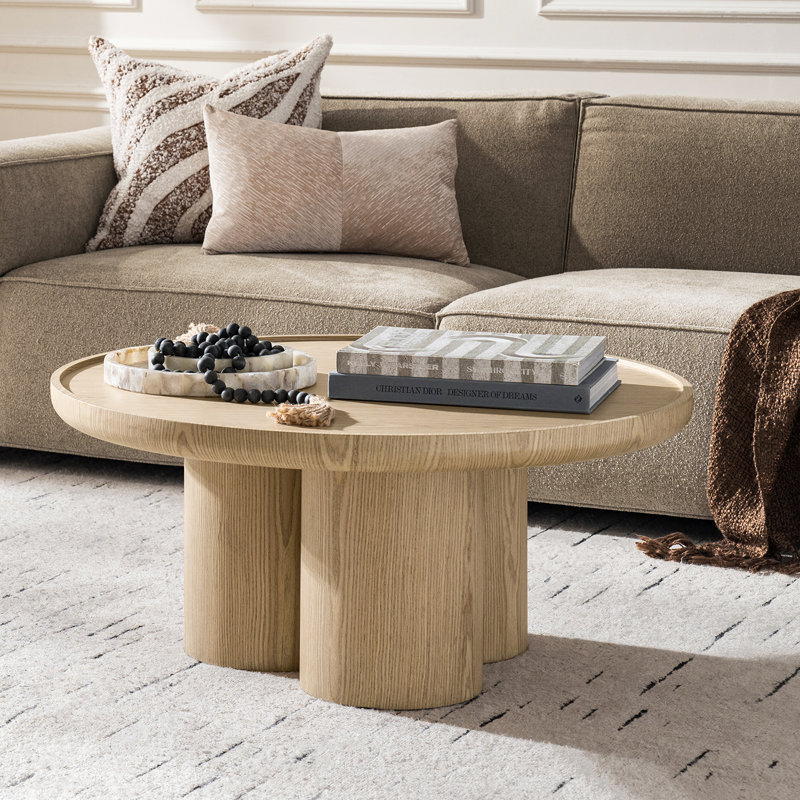 Canchola Modern 36"W Round Coffee Table with Veneer Finish and Sculptural 3-Leg Base, Oak