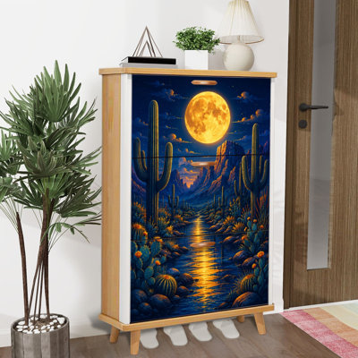 Shoe Storage Cabinet with 3 Flip Drawers for Desert Canyon River Landscape Giant Full Moon Cactus Shoe Rack Storage Organizer