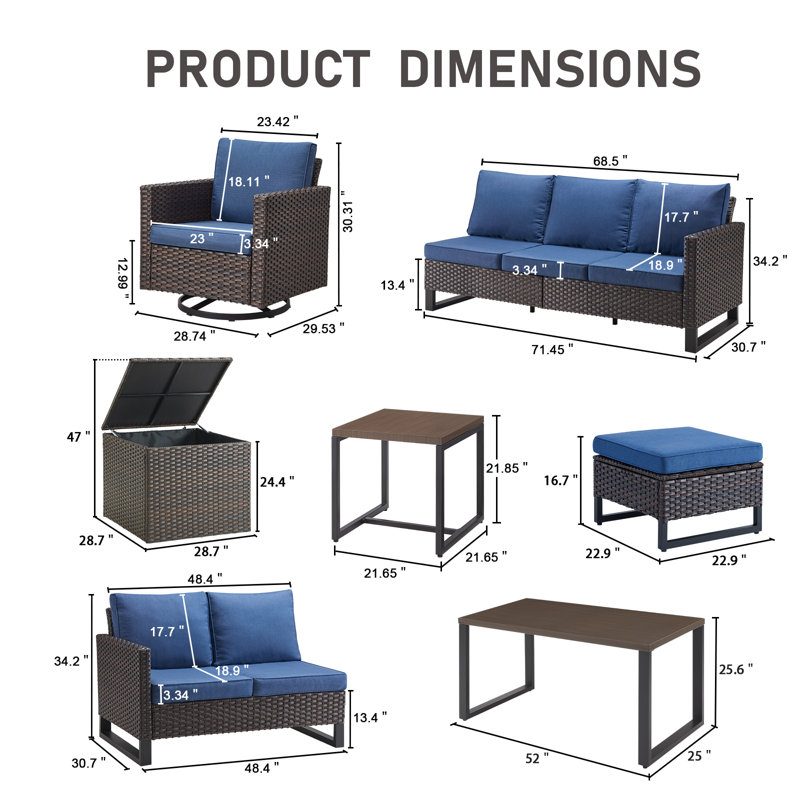 Ensemble de conversation d'extérieur en osier pour 9 personnes avec chaises pivotantes et rangement Ingvald, Bleu