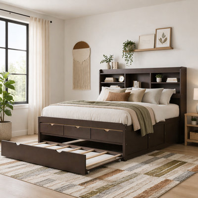 Full Size Wooden Captain Bed with Built-in Bookshelves,Three Storage Drawers and Trundle