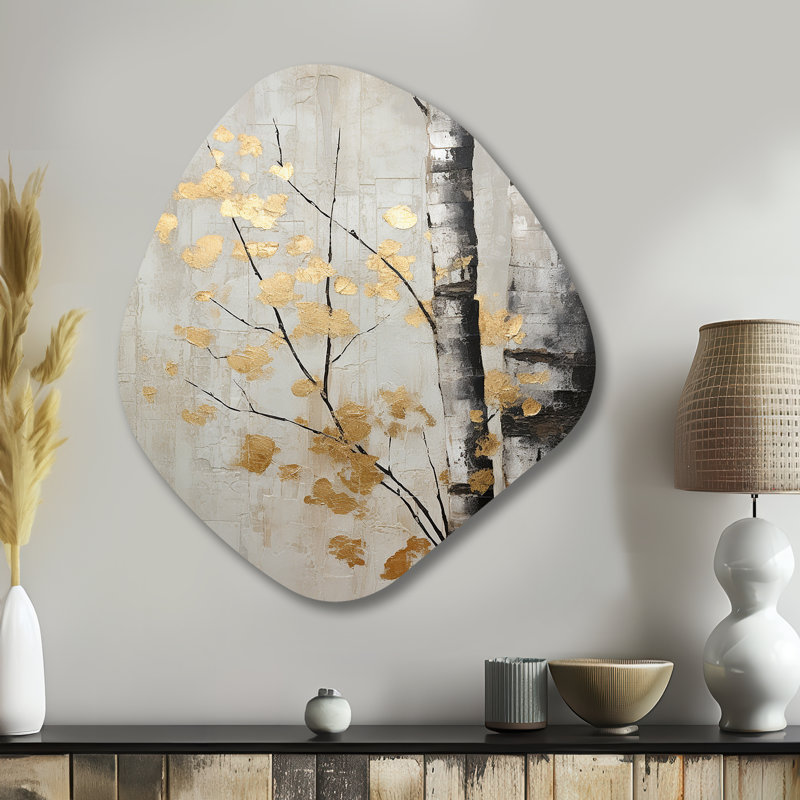 Tree Whispers Of Grey and Gold - Arbre en forme de nébuleuse monochrome, art mural métallique asymétrique, H 35 po x l 31 po