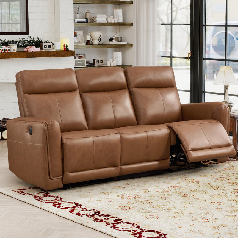 82"Wide Modern Skin-friendly Genuine Leather Power Reclining Sofa with USB & Type-C, Caramel Brown