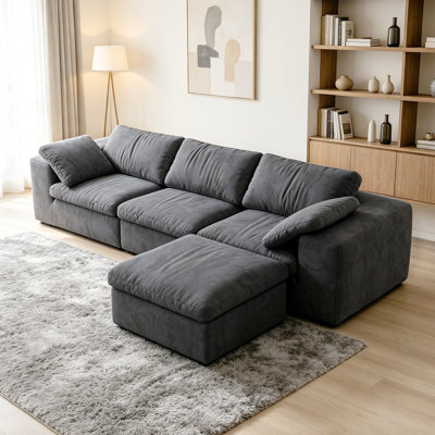 Canapé modulaire moderne en forme de L gris foncé avec repose-pieds, accoudoirs larges, coussins lavables amovibles