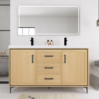 60 Inch Freestanding Bathroom Vanity with Double Resin Sink, 2-Soft Closing Door & 3-Soft Closing Drawer